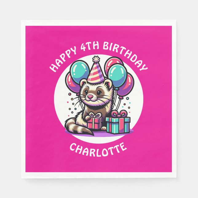 Cute Ferret Themed Girl's Birthday Personalised Napkin (Front)