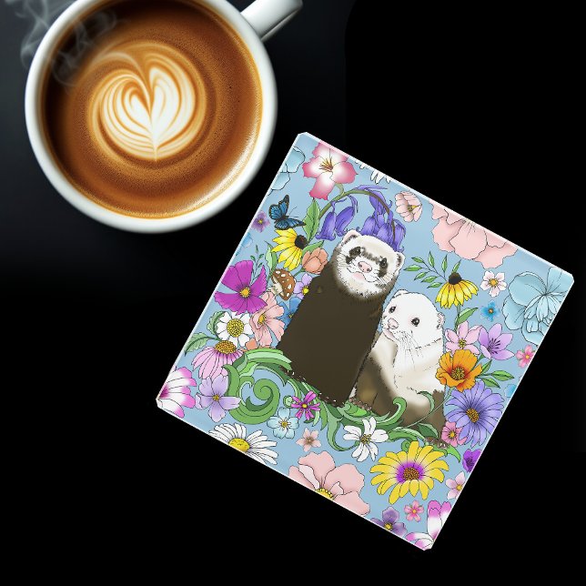 Cute Ferrets Floral Glass Coaster (Creator Uploaded)