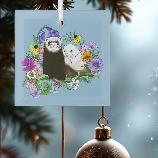 Cute Ferrets Floral Glass Tree Decoration (Creator Uploaded)