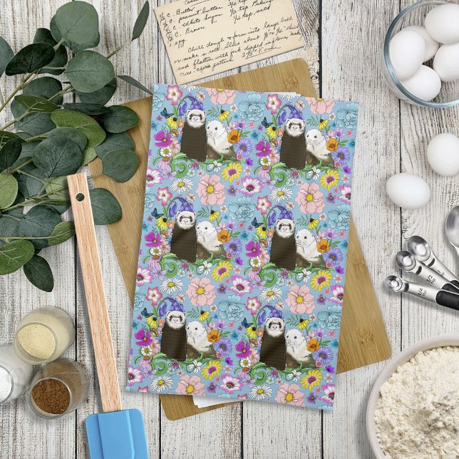 Cute Ferrets Floral Tea Towel (Creator Uploaded)