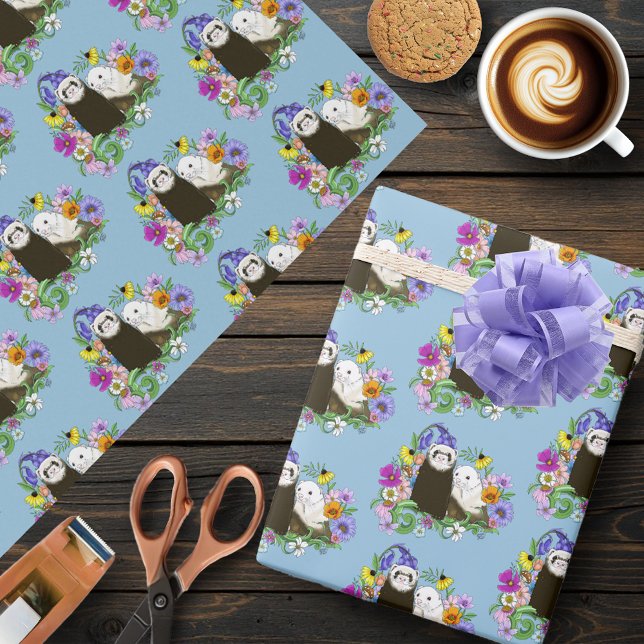 Cute Ferrets Floral Wrapping Paper (Creator Uploaded)