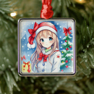 Cute Festive Anime Girl Christmas Metal Ornament
