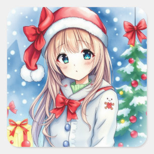 Cute Festive Anime Girl Christmas Square Sticker