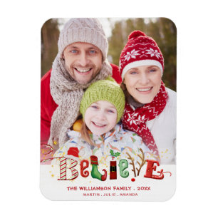 Cute Festive BELIEVE Typography Photo Magnet
