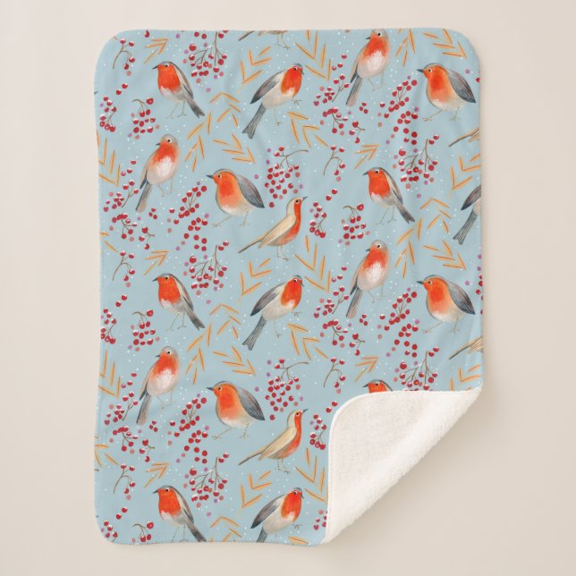 Cute festive birds pattern blue sherpa blanket (Front)