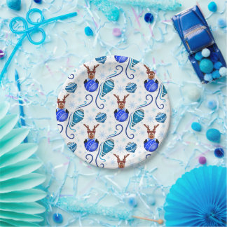 Cute Festive Blue Christmas Reindeer Paper Plate