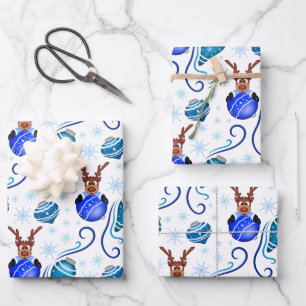 Cute Festive Blue Christmas Reindeer Wrapping Paper Sheet