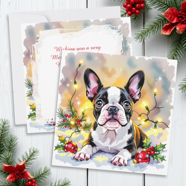 Cute Festive Boston Terrier Personalised Christmas Holiday Card (Creator Uploaded)