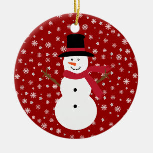 Cute Festive Cartoon Snowman Snowflakes & Stars Ceramic Ornament