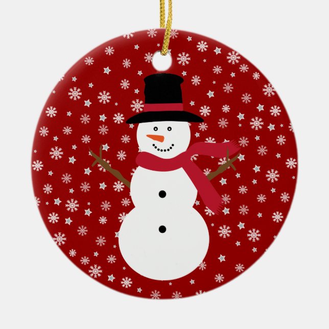 Cute Festive Cartoon Snowman Snowflakes & Stars Ceramic Ornament (Front)
