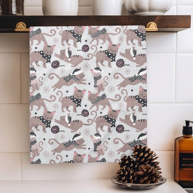 Cute Festive Cat Christmas Pattern Tea Towel (Creator Uploaded)