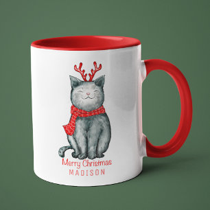 Cute Festive Cat Merry Christmas Personalised Name Mug