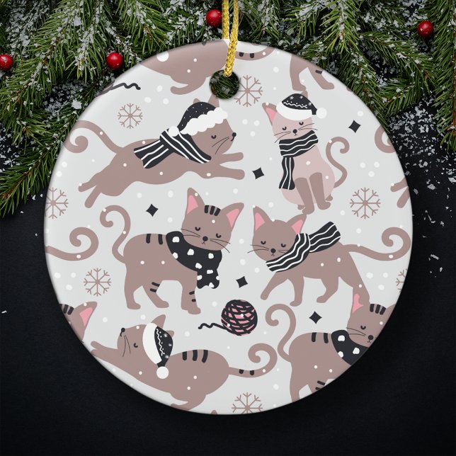 Cute Festive Cat Pattern Christmas Tree Ceramic Ornament (Creator Uploaded)