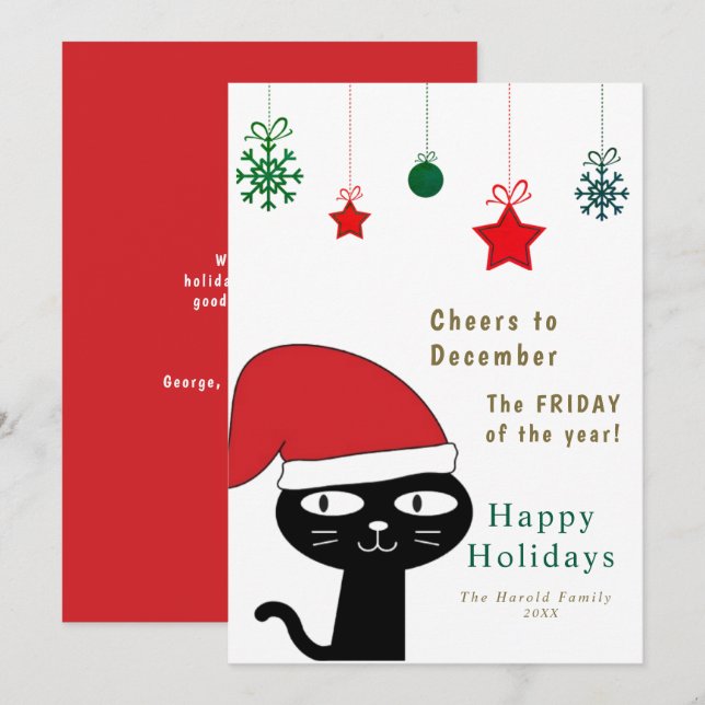 Cute Festive Cat with a Red Santa Hat Modern  Holiday Card (Front/Back)