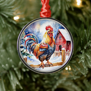 Cute Festive Chicken Christmas Metal Ornament
