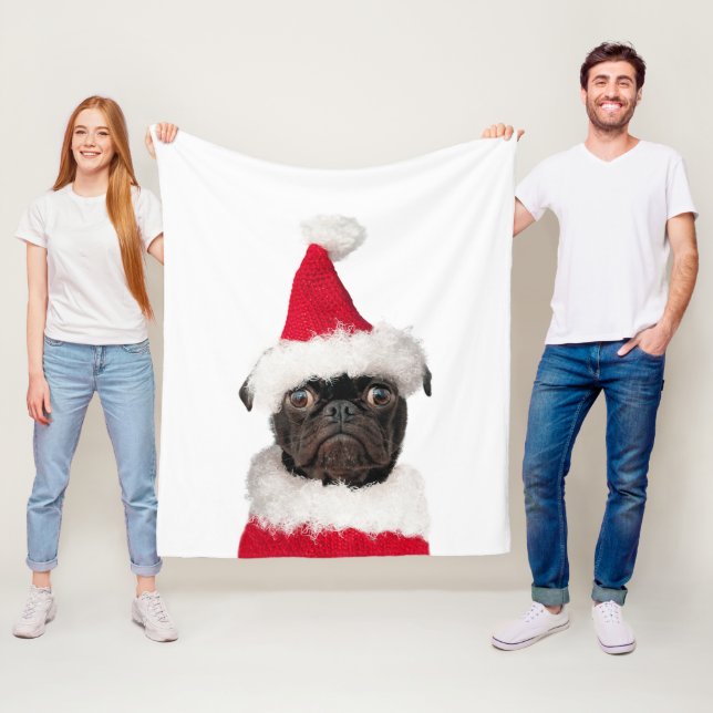 Cute Festive Christmas Black Pug Santa Hat Fleece Blanket (In Situ)