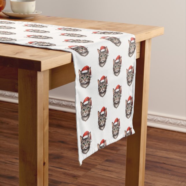 Cute Festive Christmas Cat with Santa Hat Short Table Runner (In Situ)