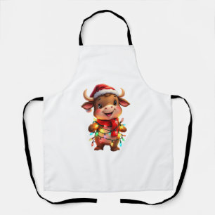 Cute Festive Christmas Cow with Holiday Lights Kid Apron