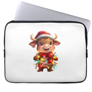 Cute Festive Christmas Cow with Holiday Lights Kid Laptop Sleeve
