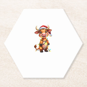 Cute Festive Christmas Cow with Holiday Lights Kid Paper Coaster