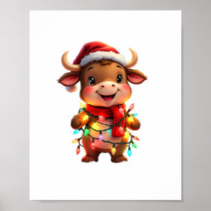 Cute Festive Christmas Cow with Holiday Lights Kid Poster