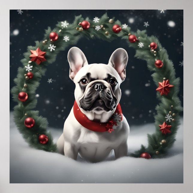Cute Festive Christmas French Bulldog with Wreath Poster (Front)