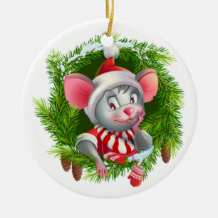Cute Festive Christmas Holiday Mouse Ceramic Ornament