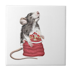 Cute Festive Christmas rat Ceramic Tile