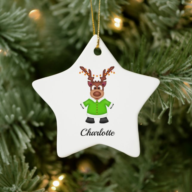 Cute Festive Christmas Reindeer Customized Ceramic Ornament (Tree)