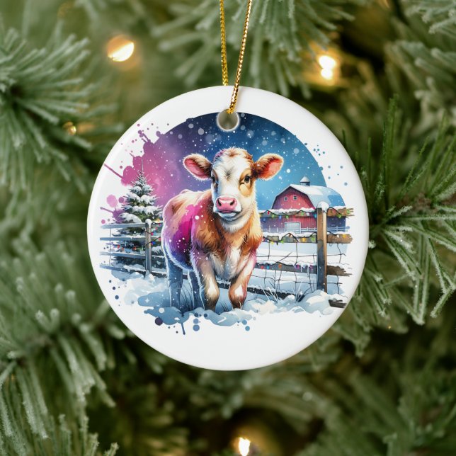 Cute Festive Cow Card Christmas Personalised Ceramic Ornament (Tree)
