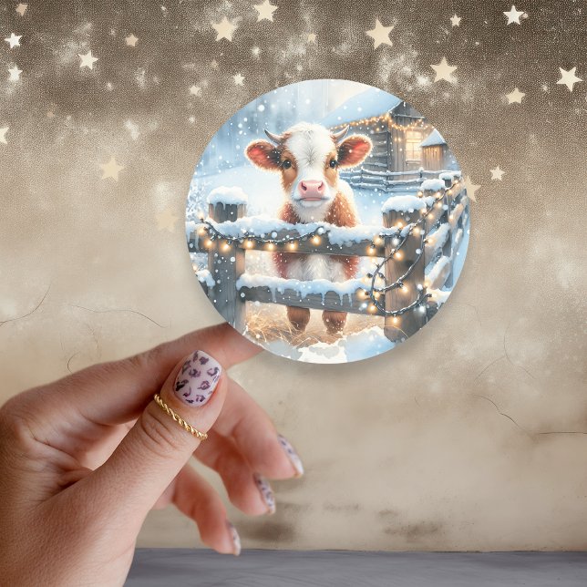 Cute Festive Cow Christmas Classic Round Sticker (Creator Uploaded)