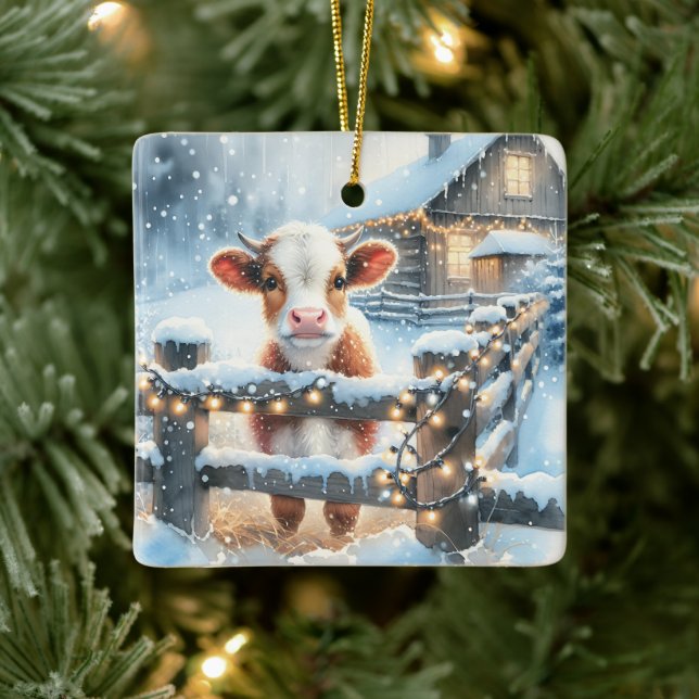 Cute Festive Cow Christmas Personalised Ceramic Ornament (Tree)