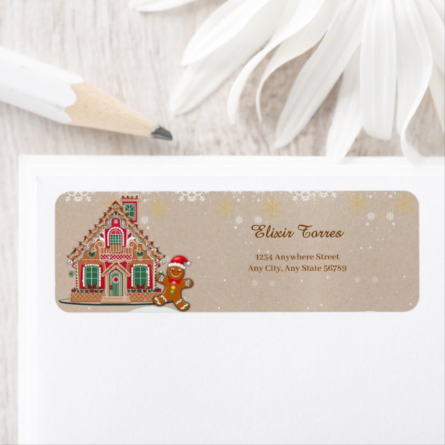 Cute Festive Gingerbread House Baby Shower Return Address Label (Insitu)