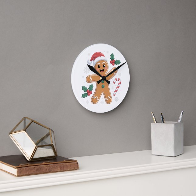 Cute Festive Gingerbread Man Christmas Cookie  Round Clock (Office)