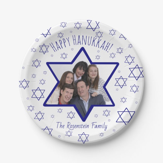 Cute Festive Happy Hanukkah Photo Star of David Paper Plate (Front)