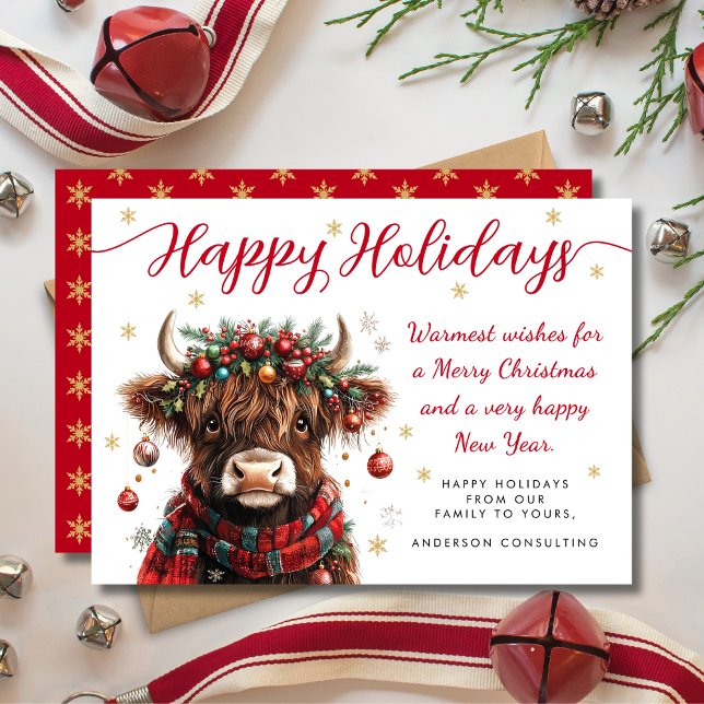 Cute Festive Highland Cow Happy Holidays Business Holiday Card (Creator Uploaded)