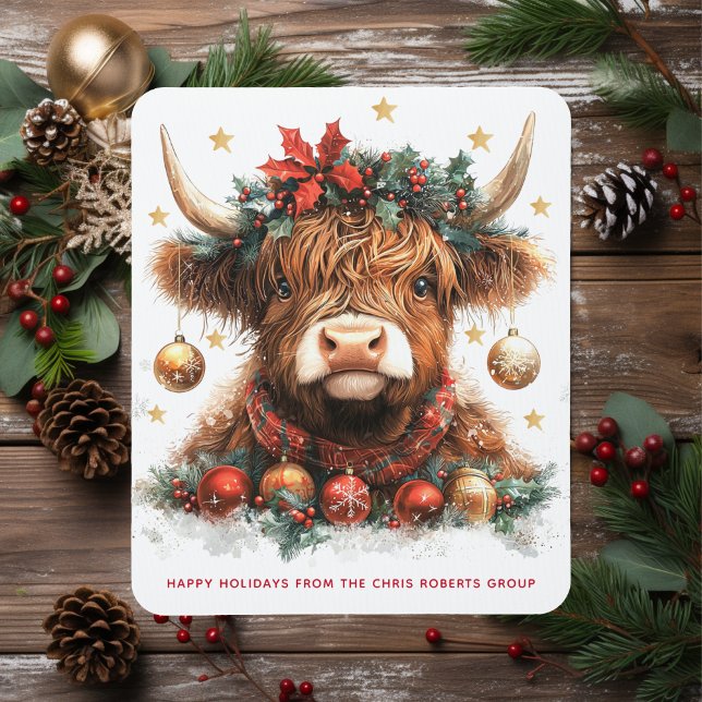 Cute Festive Highland Cow Happy Holidays Business Mouse Pad (Creator Uploaded)