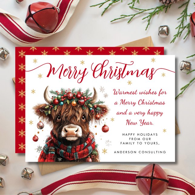 Cute Festive Highland Cow Merry Christmas Business Holiday Card (Creator Uploaded)