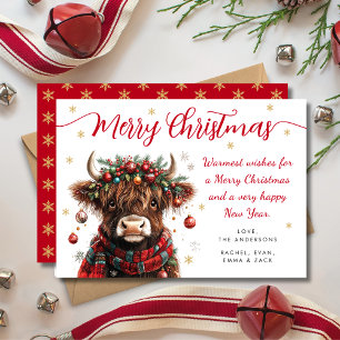 Cute Festive Highland Cow Merry Christmas Holiday Card