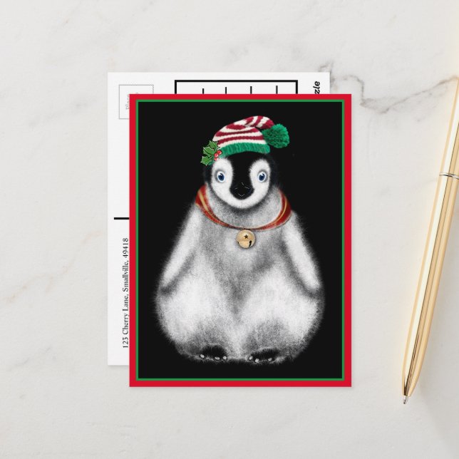 Cute festive holiday christmas Penguin  Postcard (Front/Back In Situ)