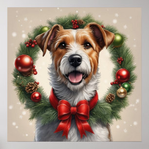 Cute Festive Holiday Christmas Terrier Dog Wreath  Poster