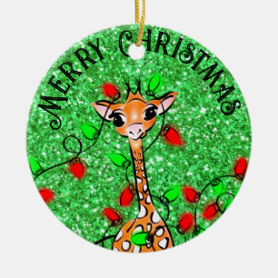 Cute festive Holiday Giraffe twinkle lights Ceramic Ornament