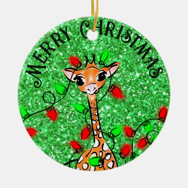 Cute festive Holiday Giraffe twinkle lights Ceramic Ornament (Front)