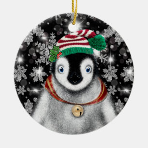 Cute festive holiday Penguin glitter snowflakes Ceramic Ornament