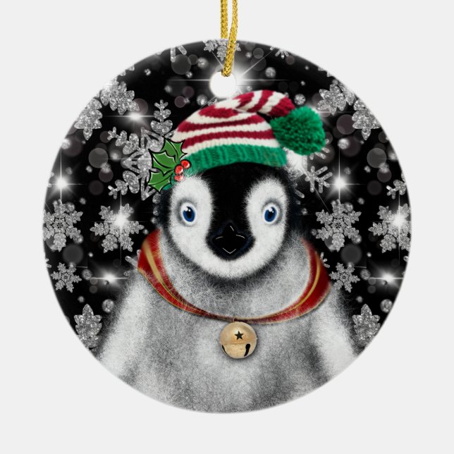 Cute festive holiday Penguin glitter snowflakes  Ceramic Ornament (Front)