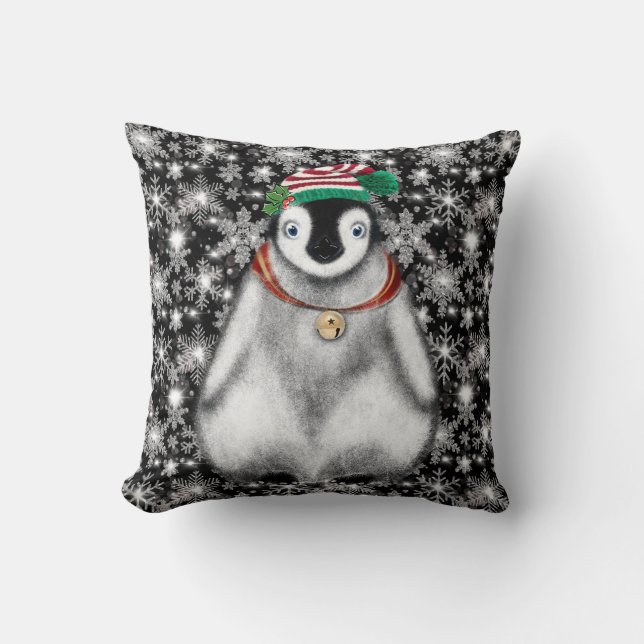 Cute festive holiday Penguin glitter snowflakes  Cushion (Front)