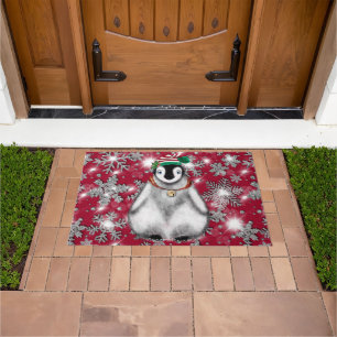 Cute festive holiday Penguin glitter snowflakes Doormat