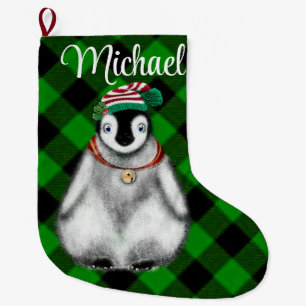 Cute festive holiday Penguin green black plaid Large Christmas Stocking