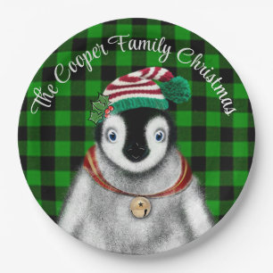 Cute festive holiday Penguin green black plaid Paper Plate