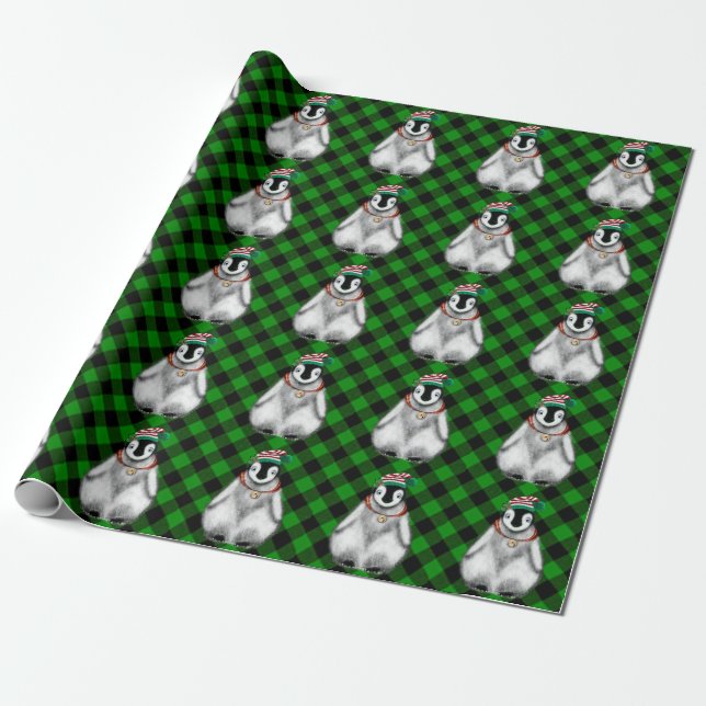 Cute festive holiday Penguin green black plaid  Wrapping Paper (Unrolled)